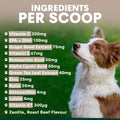 Dog looking up with a list of ingredients per scoop on a green background