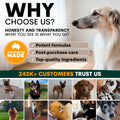 Advertisement for a pet product brand with images of dogs and text about honesty, transparency, and customer trust.