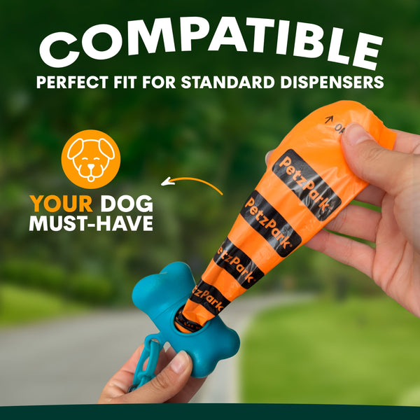 Orange and blue pet product dispenser held by a hand with text indicating compatibility and features.