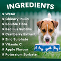 A dog happily drinks from a blue Fresh Breath for Dogs bowl decorated with bone patterns, supporting optimal oral health. Next to the dog, a list of pet food ingredients appears on a green background, emphasizing choices that help clean dogs' teeth.