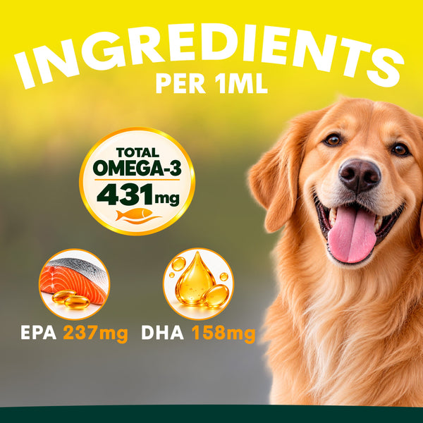 Ingredients per 1ml of Petz Park Fish Oil for Dogs: EPA 237mg and DHA 158mg