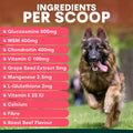 Dog running on grass with supplement ingredient list and flavor details on a brown background