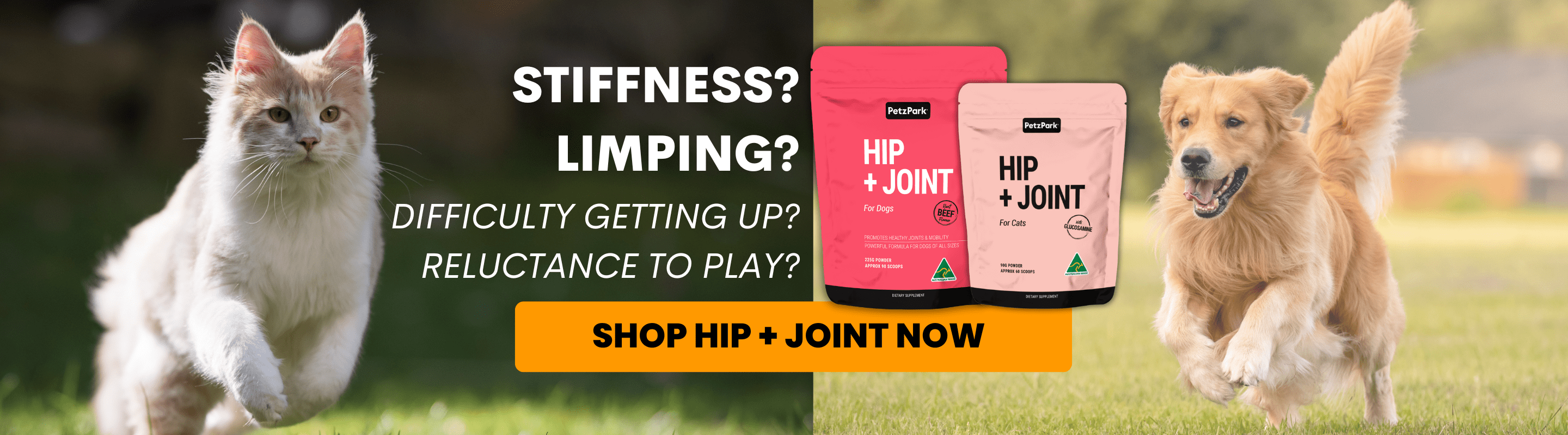 A cat and a dog run outdoors beside text promoting Hip + Joint supplements for pets, with a button to shop the product.