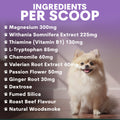 Dog sitting on a wooden floor with a list of ingredients per scoop displayed on a purple background. Petz Park calming supplements ingredients