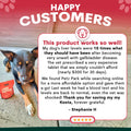 Dog with a product and testimonial about its effectiveness on a red and white background
