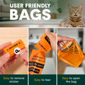 Orange cat poop bags with text on user-friendliness, featuring a cat in the background.