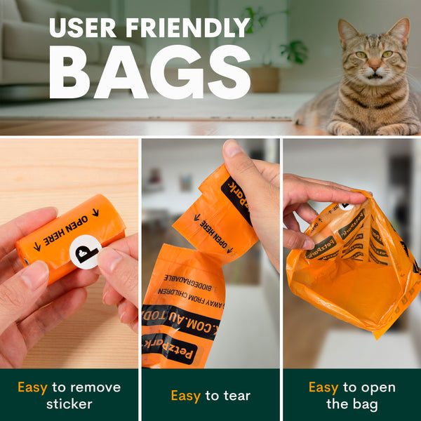 Orange cat poop bags with text on user-friendliness, featuring a cat in the background.
