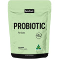 A green pouch labeled Probiotic for Cats, 62g powder (approx. 60 scoops), features an Australian Made logo—supports cat gut health and works as a gentle hairball remedy.