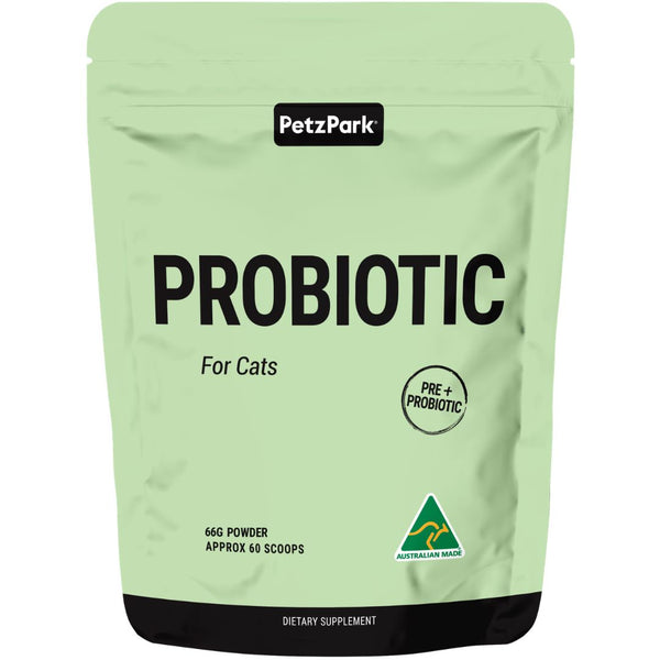 A green pouch labeled Probiotic for Cats, 62g powder (approx. 60 scoops), features an Australian Made logo—supports cat gut health and works as a gentle hairball remedy.