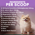 Dog sitting on a wooden floor with a list of ingredients per scoop displayed on a purple background