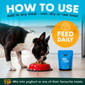 Dog eating from a bowl with a package of pet food on a kitchen floor, promoting feeding daily. How to use Petz Park skin and coat