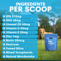 Dog supplement package with ingredients list on a blue background, dog in the background. Petz Park skin supplement ingredients
