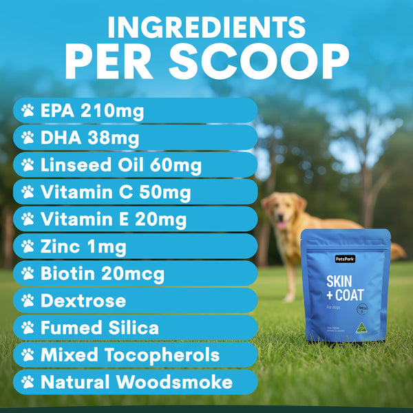 Dog supplement package with ingredients list on a blue background, dog in the background. Petz Park skin supplement ingredients
