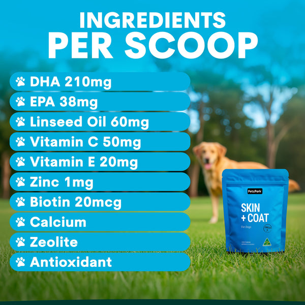 Dog food supplement packaging with ingredient list and a dog in the background