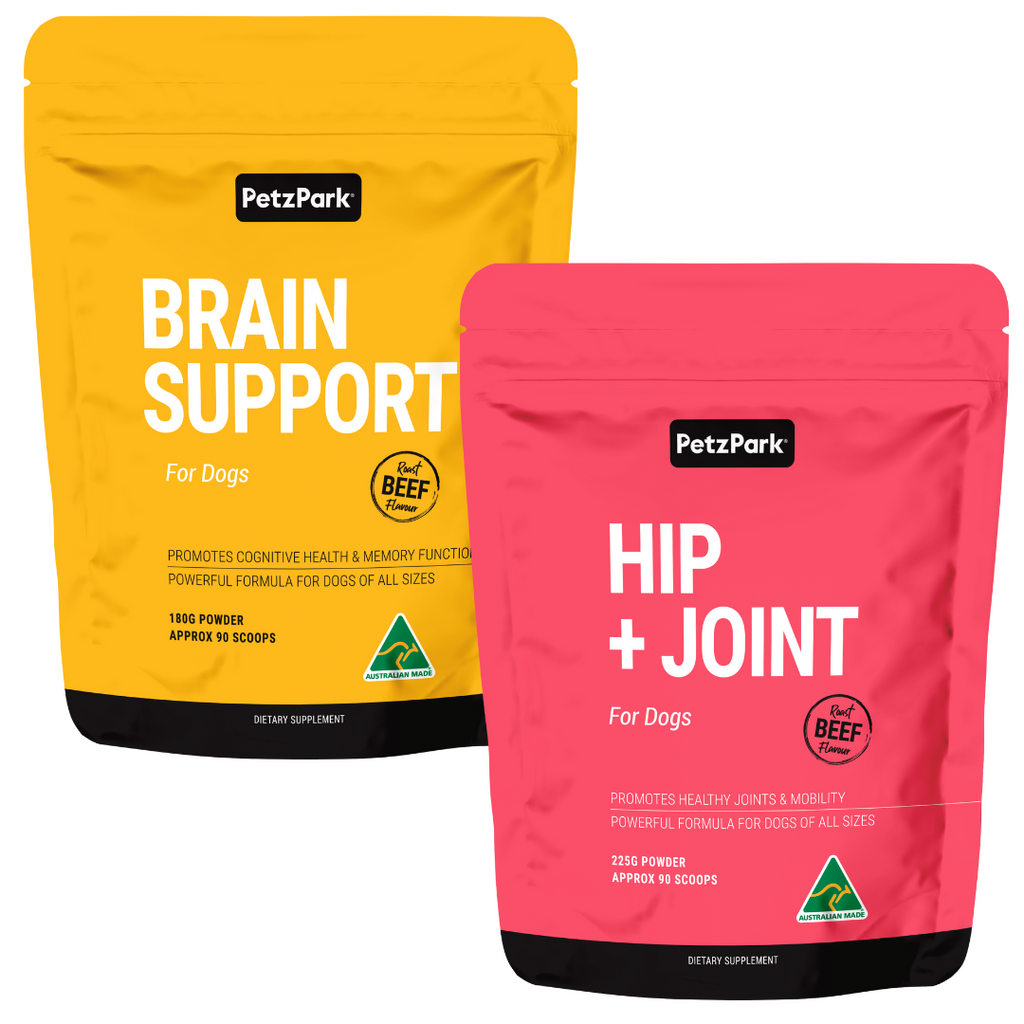 petz park senior care package for for dogs, hip and joint supplement for dogs, cognitive and memory support for dogs, made in australia, senior care support for dogs