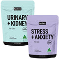 Two Petz Park cat dietary supplement packages for stress, anxiety, urinary, and kidney support.