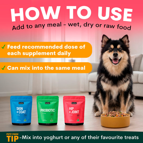 Dog sitting next to a bowl of food with three supplement packages labeled 'Skin + Coat', 'Probiotic', and 'Hip + Joint' on a pink background.