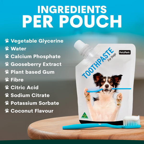 Dog toothpaste pouch with ingredients list on a wooden surface