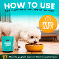 Dog eating from a bowl with a package of Petz Park Urinary + Kidney food, and text on how to use the product.
