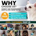 Promotional graphic for a pet product brand with a white dog, text about honesty, transparency, and customer trust, and images of dogs using the product.