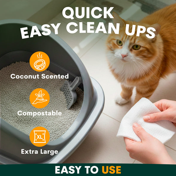 Cat litter box with a cat and a hand cleaning it, featuring text about product features.