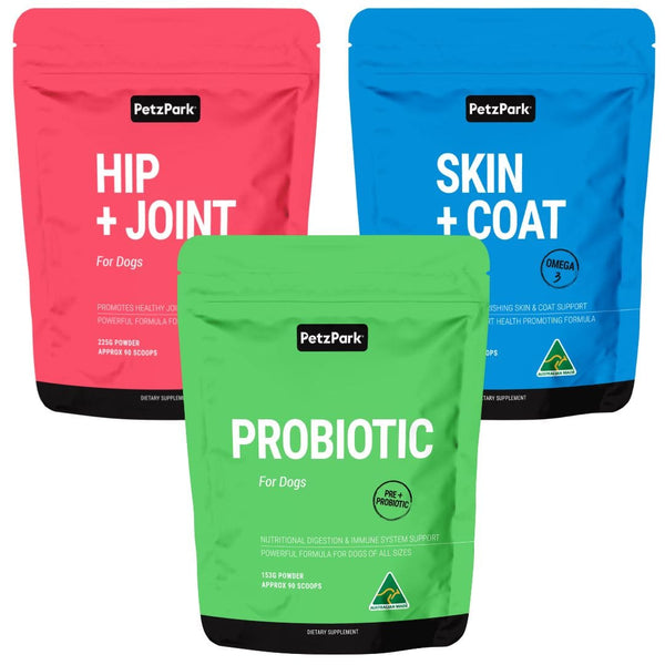 Dog supplements prevention package, hip and joint supplements for dogs, probiotic product for dogs, skin and coat health for dogs product